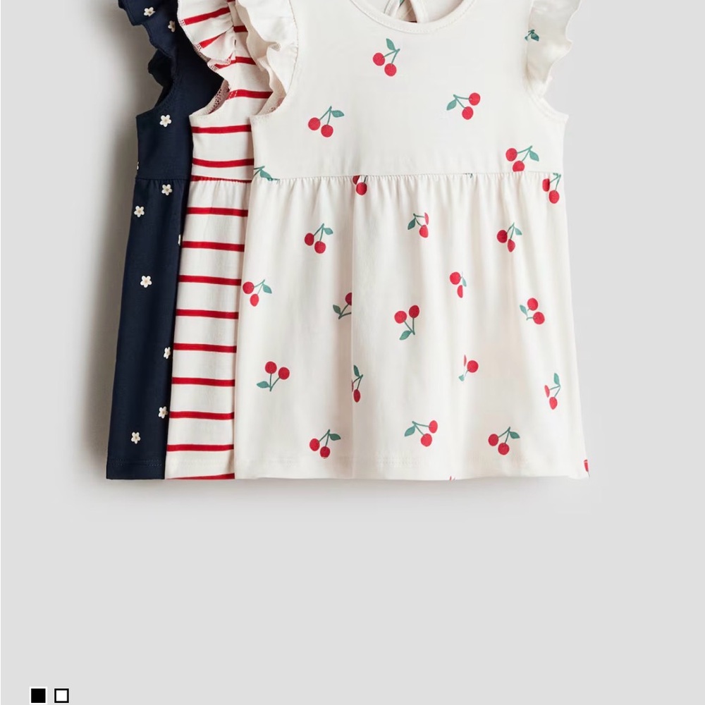 Toddler Cherry print, red and white stripe, navy with white daisy dressses